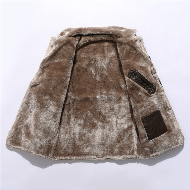 Plush Lapel Leather Jacket Winter Warm Fleece Single-breasted Coat For Men Long Clothing Mein Shop
