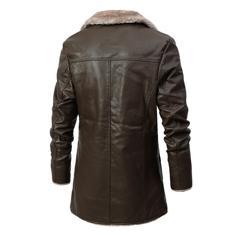 Plush Lapel Leather Jacket Winter Warm Fleece Single-breasted Coat For Men Long Clothing Mein Shop