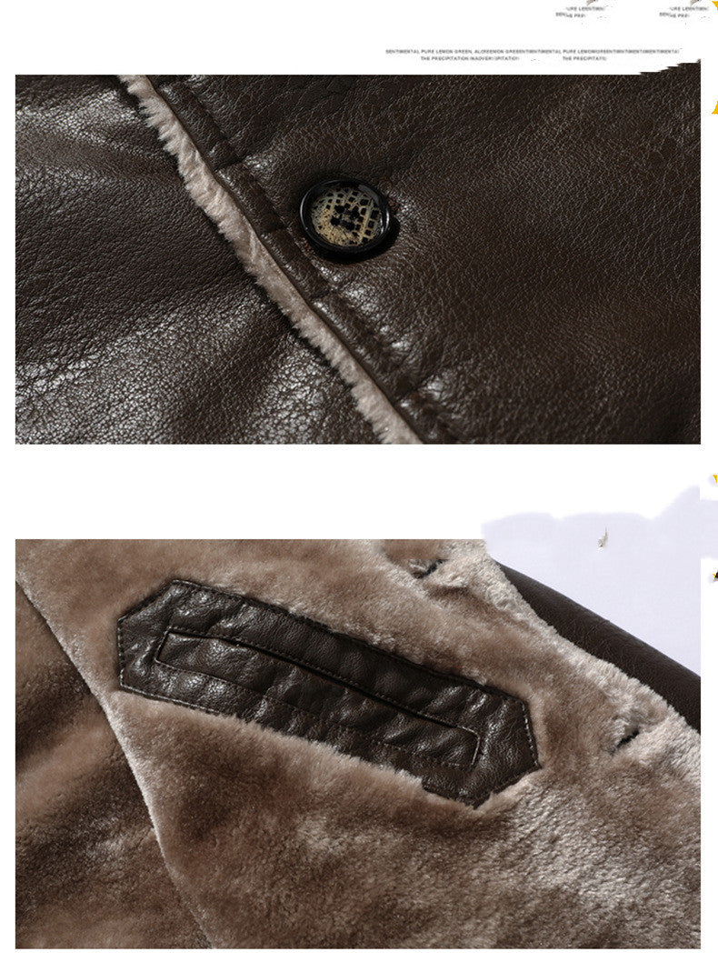 Plush Lapel Leather Jacket Winter Warm Fleece Single-breasted Coat For Men Long Clothing Mein Shop