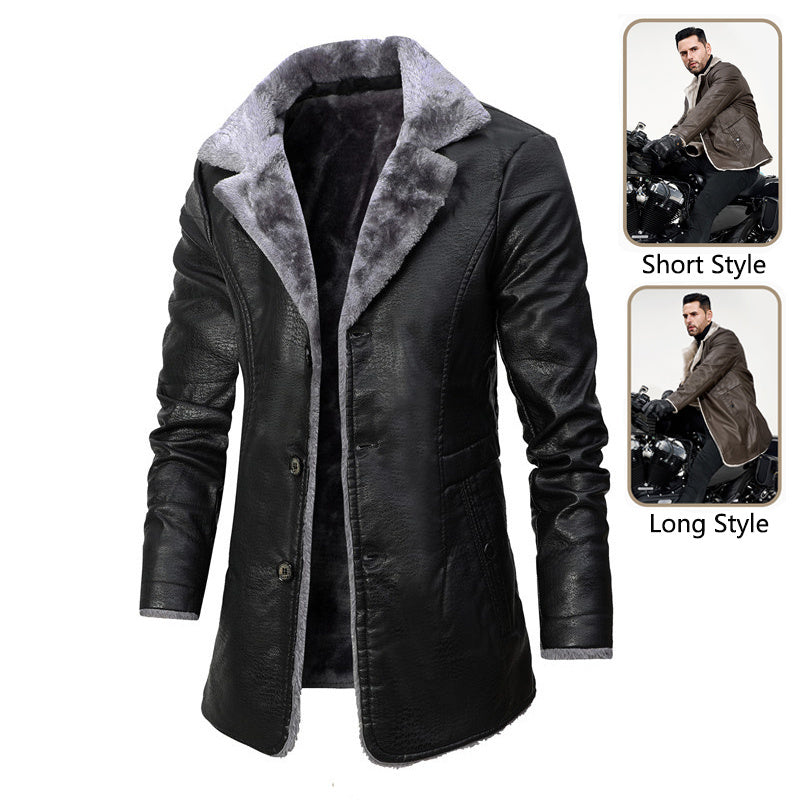 Plush Lapel Leather Jacket Winter Warm Fleece Single-breasted Coat For Men Long Clothing Mein Shop