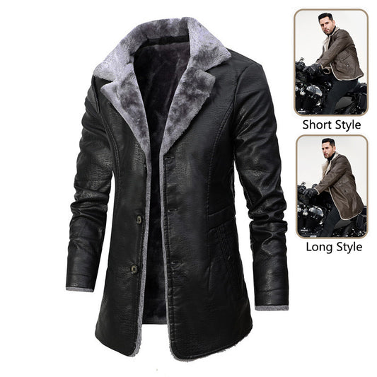 Plush Lapel Leather Jacket Winter Warm Fleece Single-breasted Coat For Men Long Clothing Mein Shop