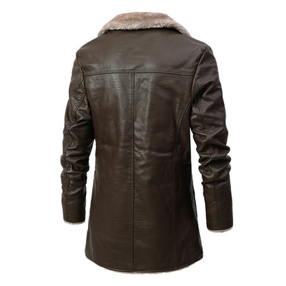 Plush Lapel Leather Jacket Winter Warm Fleece Single-breasted Coat For Men Long Clothing Mein Shop