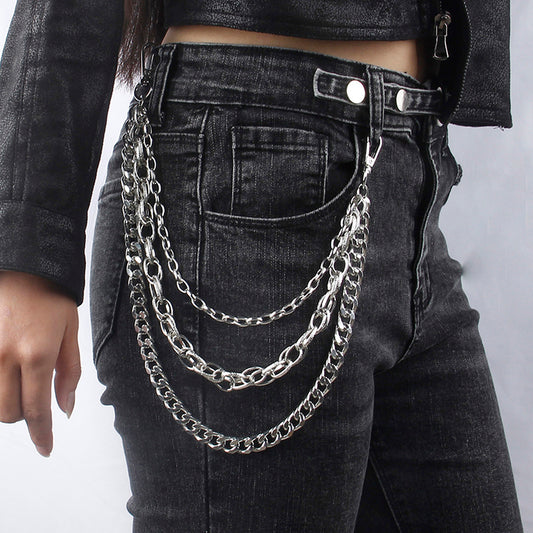 Hip Hop Fashion Pants Chain Men And Women Advanced Sense Multi Ring Silver Metal Chain Heavy Metal Industrial Style Jeans Hip-hop Accessories Mein Shop